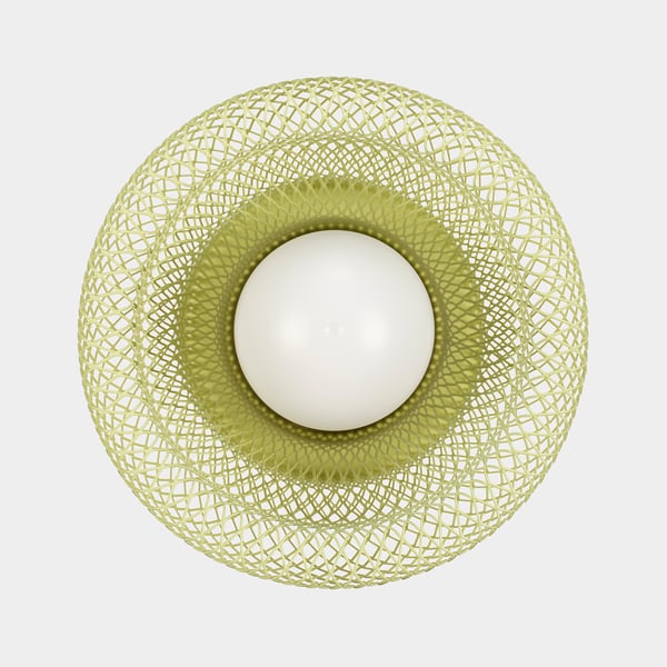 Modern spherical lamp with intricate green mesh, emitting soft, diffused light.