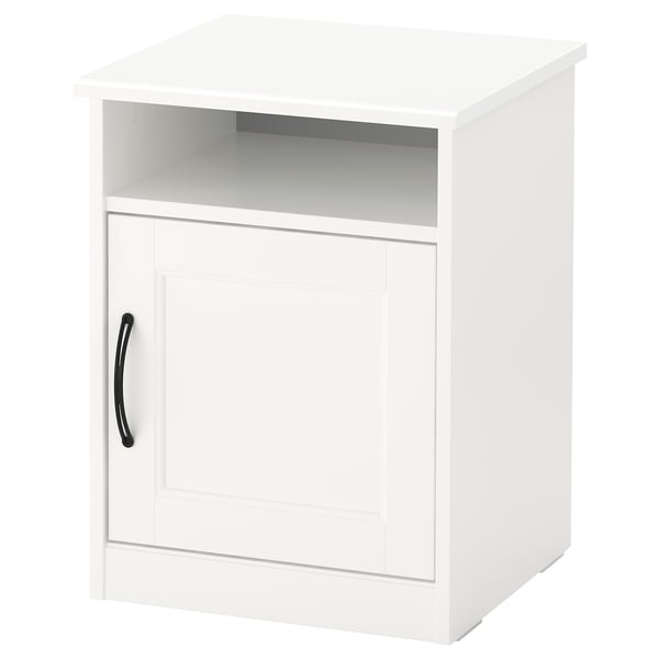 A white SONGESAND cabinet with a single door and a black handle. It has a rectangular shape and a minimalist design.