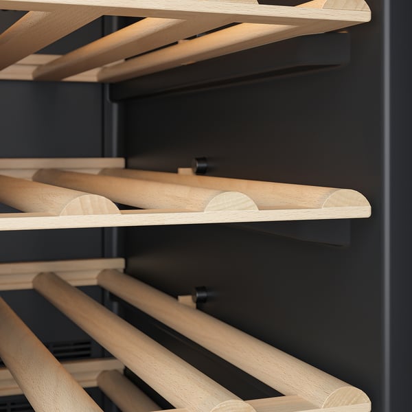 Wooden wine racks inside a stylish black cooler, designed to hold bottles securely.