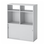 SPIKSMED white storage cabinet, sliding doors, open & closed shelves, minimalist design.
