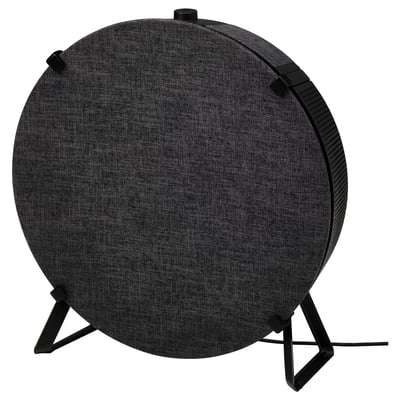 A gray, circular ikea STARKVIND air purifier on a black stand.
