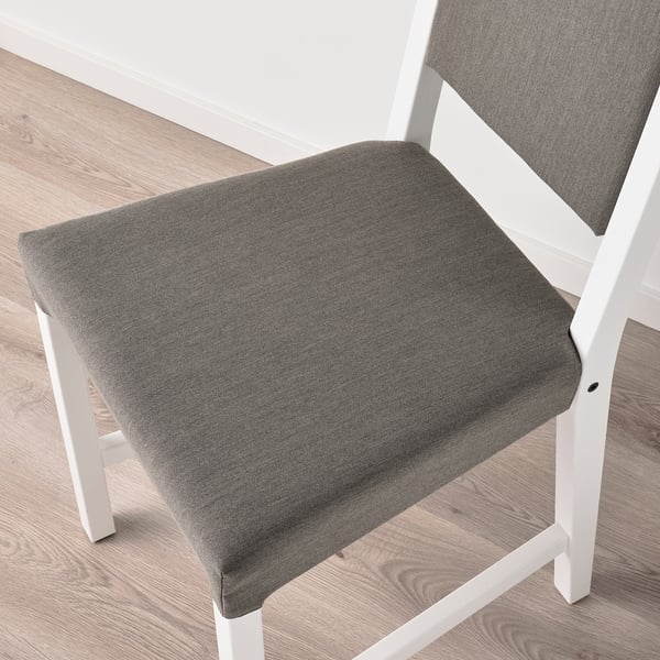 A close-up view of a modern chair with grey fabric seat and backrest, showcasing its sturdy white wooden frame and sleek design.