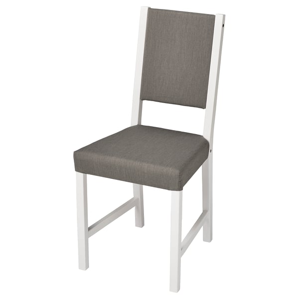 A modern chair named STEFAN with a white frame and sleek grey fabric cover, designed for comfort with wood fibre padding.