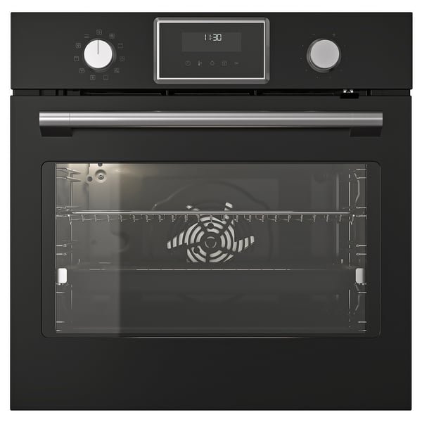 Notches: black STENABY oven by IKEA, modern design with digital display, stainless steel handle, and glass door showing interior rack.