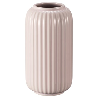 A light pink, cylindrical STILREN vase with vertical ridges and a smooth interior, made from stoneware with a coloured glaze.