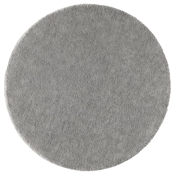 STOENSE round grey area rug. Soft, plush, and sound-absorbing with light sheen. Made from recycled polyester and polypropylene.