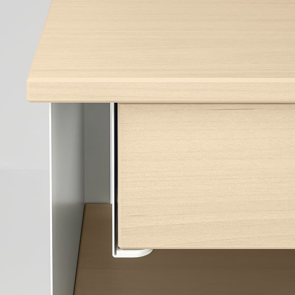 Modern bedside table with light wood finish and metallic bracket showcasing sturdy construction.