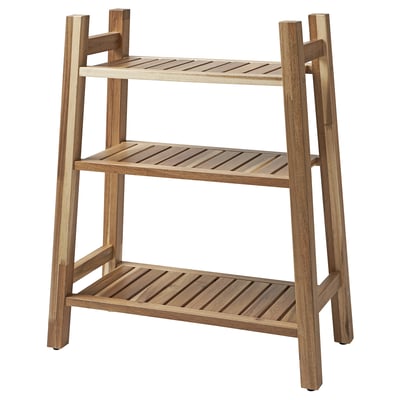 Wooden shelf unit STOREDAMM, 3 acacia shelves, bathroom-friendly.
