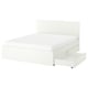 White STORKLINTA bed with minimalist, modern design and underbed storage drawers.