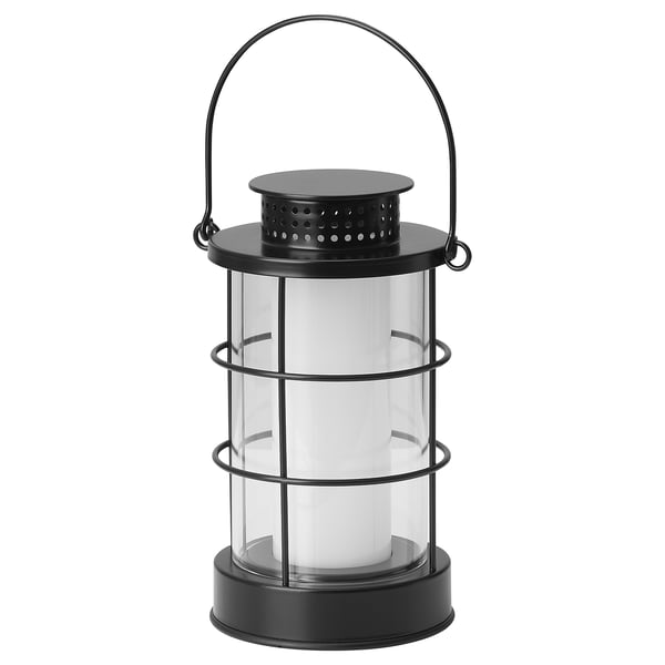 STRÅLA black lantern, cylindrical with metal handle, glass panel, led inside, modern design.