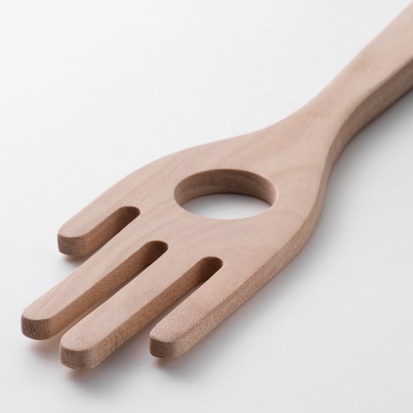 Wooden 3-prong spaghetti server with hole, crafted from birch for durability.