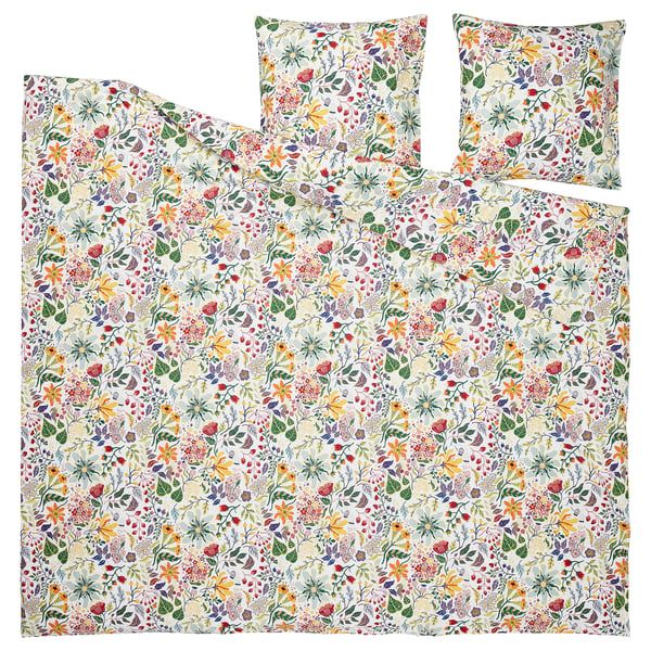 STRANDLUMMER duvet set, bohemian floral print on white, 100% cotton, square shapes with matching pillowcases.
