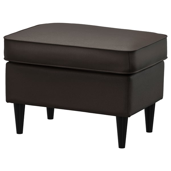 Black leatherette stool with wooden legs for extra seating.