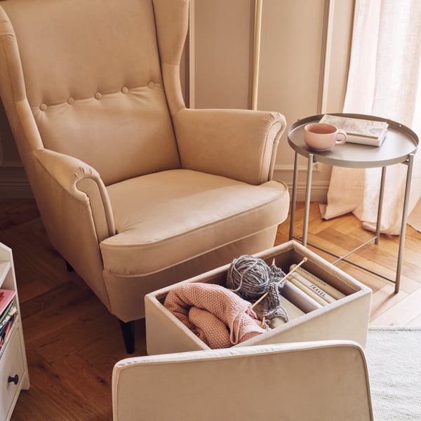 STRANDMON Footstool with storage, Tommaboda deep beige