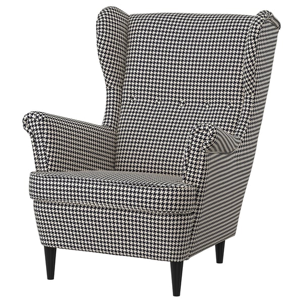 STRANDMON chair, black/white houndstooth pattern, high back, wooden legs, cosy design.