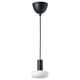 Black pendant lamp with white glass bulb, sleek design, hanging cord, modern look, minimalist style.