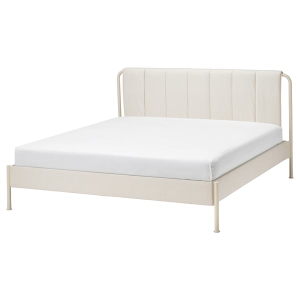 TÄLLÅSEN bed: cream, metal, rectangular, padded headboard.