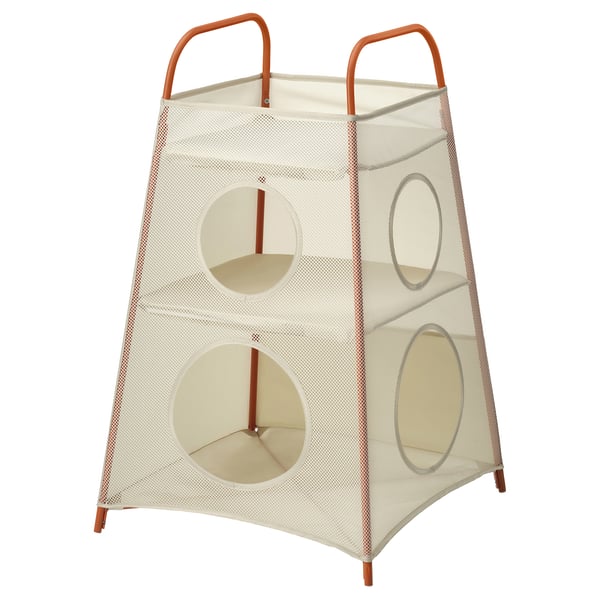 TIGERFINK toy storage, white mesh with brown handles, 3-rounded holes, portable, recycled polyester.