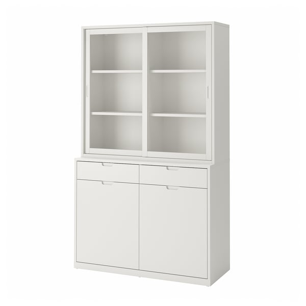 Off-white TONSTAD sideboard and glass cabinet combo, modern design with soft-close drawers and adjustable shelves.