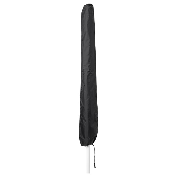 Black waterproof parasol cover, cylindrical shape with drawstring closure for protection.