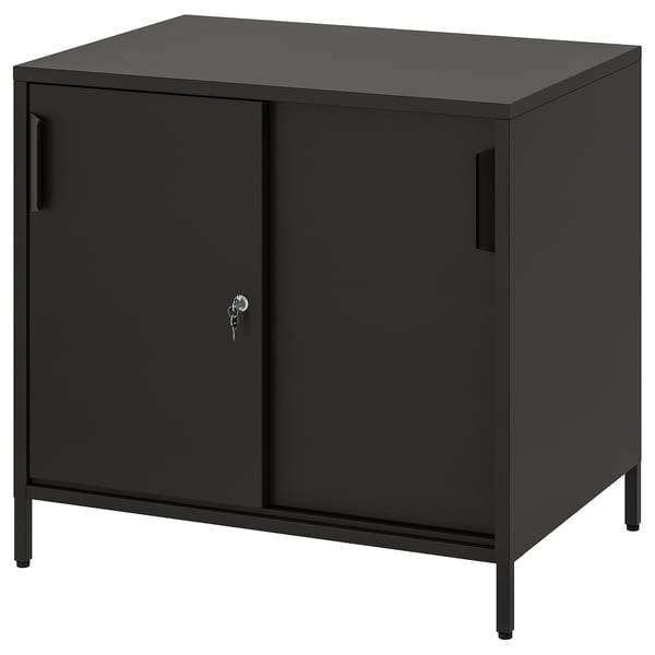 Black TROTTEN double-sided cabinet with sliding doors, metal legs, adjustable feet, room divider.