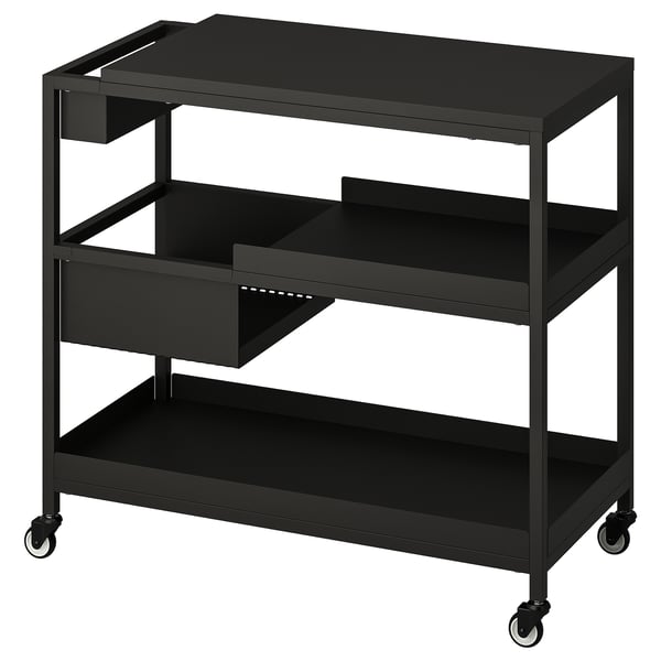 Black metal trolley with three shelves and wheels; practical and mobile for meetings or offices.