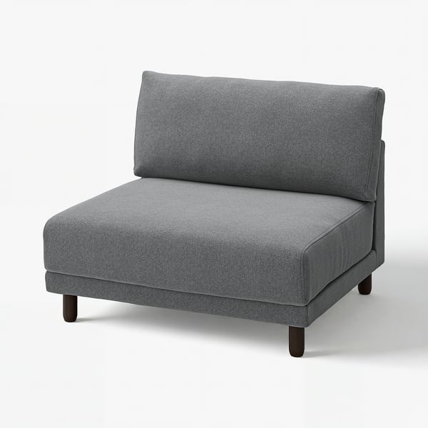 Modern grey l-shaped sofa with wooden legs, soft cushions, and clean lines.