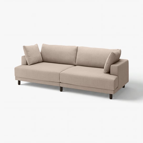 Modern beige sofa with striped fabric, dark legs, and plush cushions.