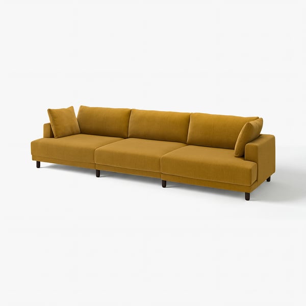 Yellow UPPÅKRA sofa with modern lines, oversized cushions, wooden legs, and recycled fabric.