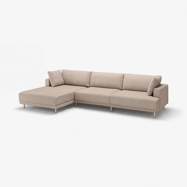 An UPPÅKRA sofa in beige with a modern design, featuring a comfortable sink-in feel and stylish legs.