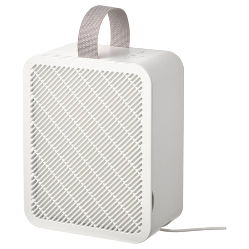 An ikea UPPÅTVIND air purifier. It is small, white, with a carrying handle and grid design, standing upright.