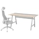 Modern grey home office setup with ergonomic mesh chair and rectangular desk.