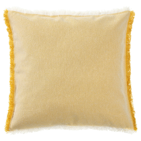Square yellow & white fringed cushion cover, made from recycled fibres.