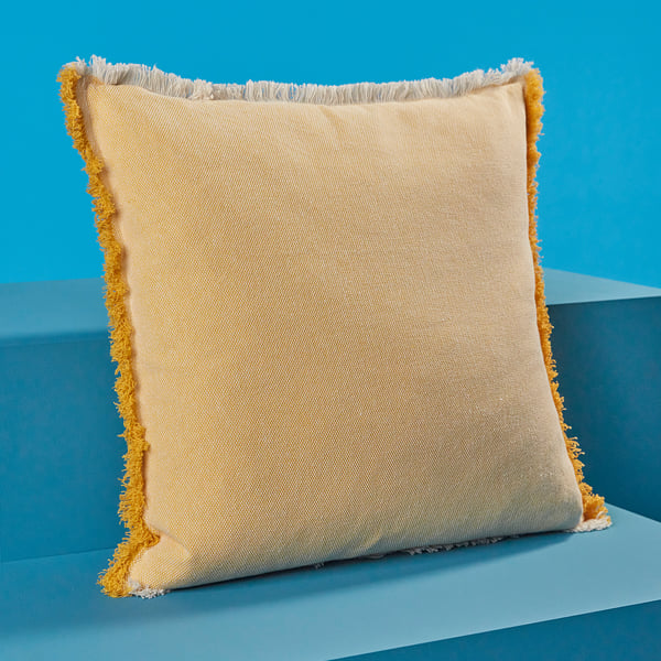 Beige & yellow fringed pillow, VÄXELBRUK, zip closure.