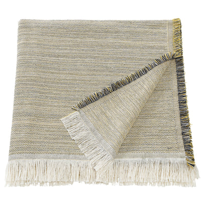 The VÄXELBRUK throw blanket is light brown and light grey with colourful fringes, rectangular shaped, made from recycled work clothes.