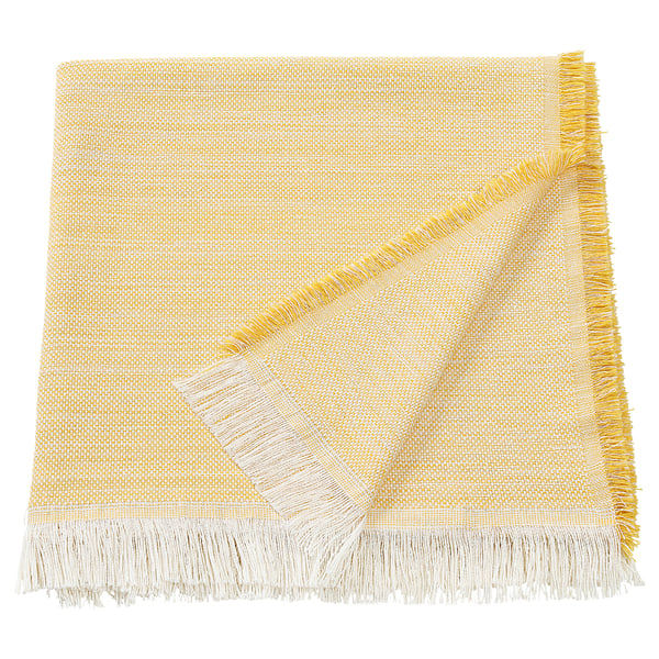 IKEA vaxelbruk yellow-white throw blanket, rectangular with fringed edges, made from recycled fibres.