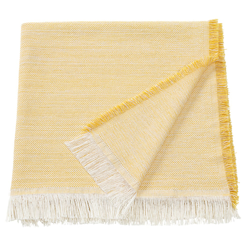 IKEA vaxelbruk yellow-white throw blanket, rectangular with fringed edges, made from recycled fibres.