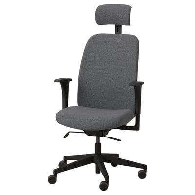 Modern gray office chair with adjustable headrest, armrests, and tilt function for ergonomic support.