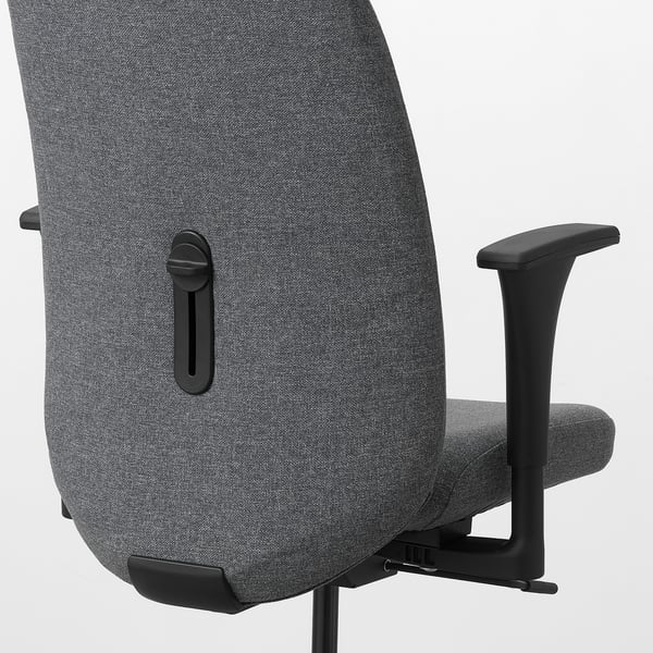 Ergonomic office chair back and armrest detail: high-quality grey fabric, adjustable armrests, and tilt mechanism.