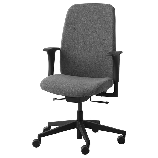 Grey office chair, VALLFJÄLLET, adjustable armrests, black base, soft fabric.