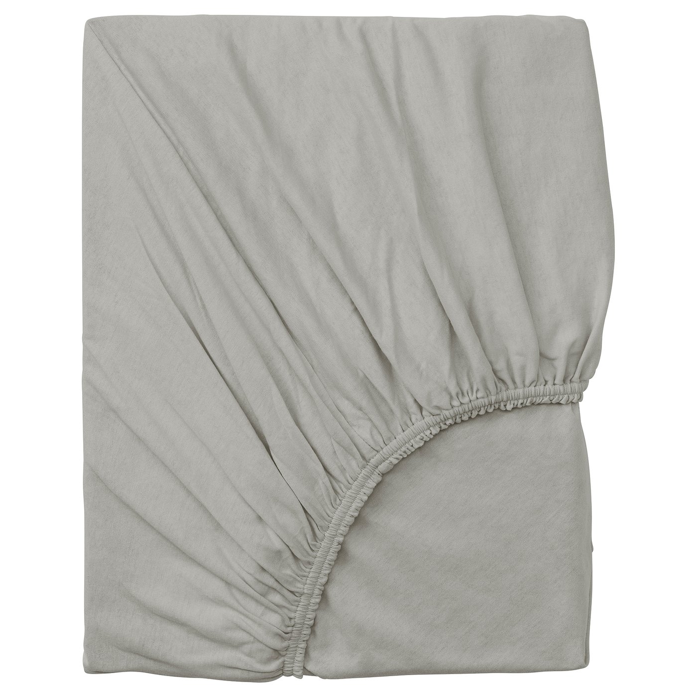 A light grey VÅRVIAL fitted sheet made of soft, stretchy cotton jersey with elastic edges.