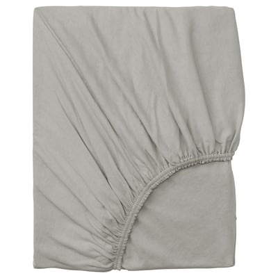Light grey VÅRVIAL cotton fitted sheet, rectangular, elastic edges.