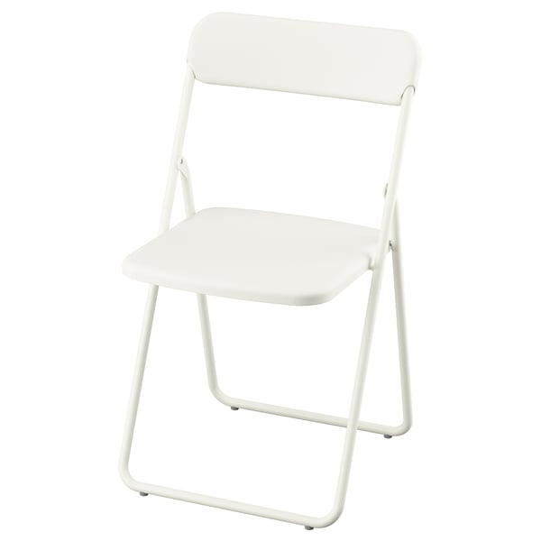 Depicts a white VIHALS folding chair. It a minimalist design with a metal frame and plastic seat and back. The chair is lightweight and easy to fold.