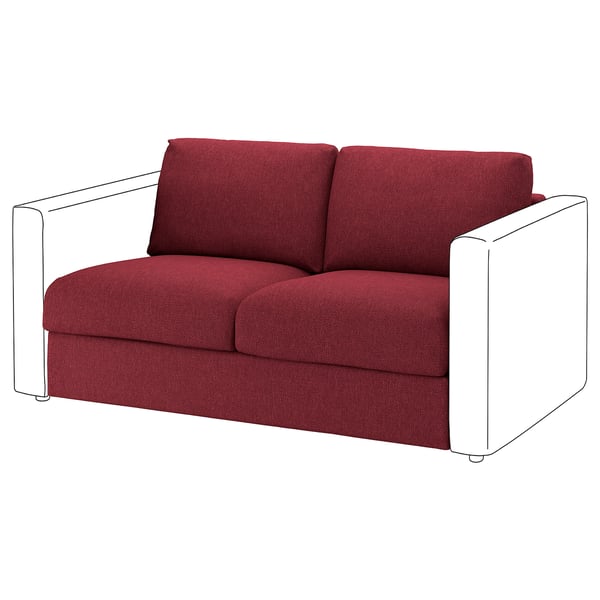 VIMLE red loveseat, modern design, white legs, cosy and durable.