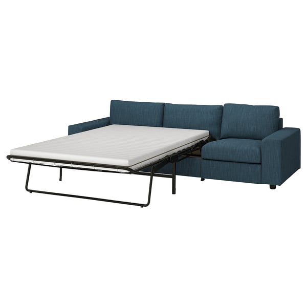 Blue VIMLE sofa-bed, modern design, fabric cover, convertible sofa with thick mattress, clean lines.