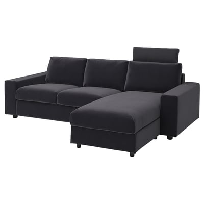 VIMLE: grey modern sectional sofa with velvet finish and angled chaise.