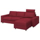 VIMLE red l-shaped sofa with storage, comfort cushions, and a supportive headrest.