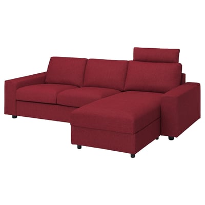 VIMLE red l-shaped sofa with storage, comfort cushions, and a supportive headrest.