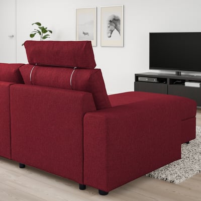 Red VIMLE sofa with chaise, modern design, cosy cushions, and a storage chaise.