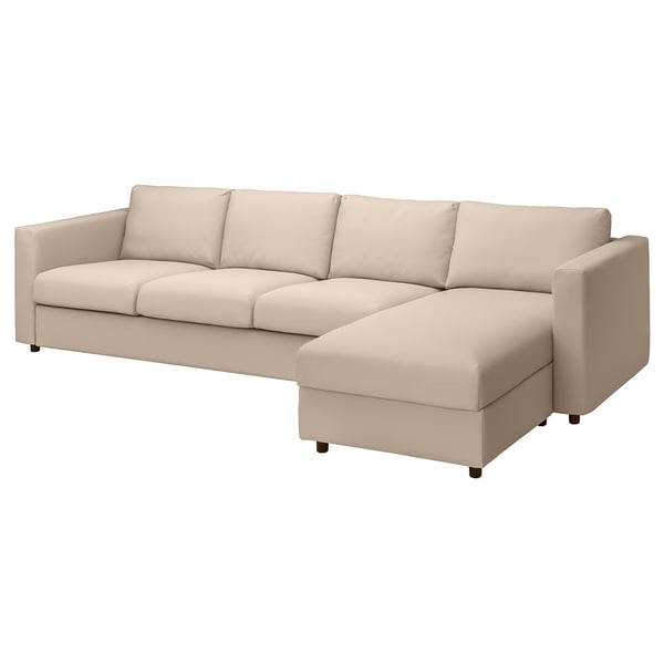 Beige fabric sectional sofa with left chaise, wood legs, straight lines, modern design.